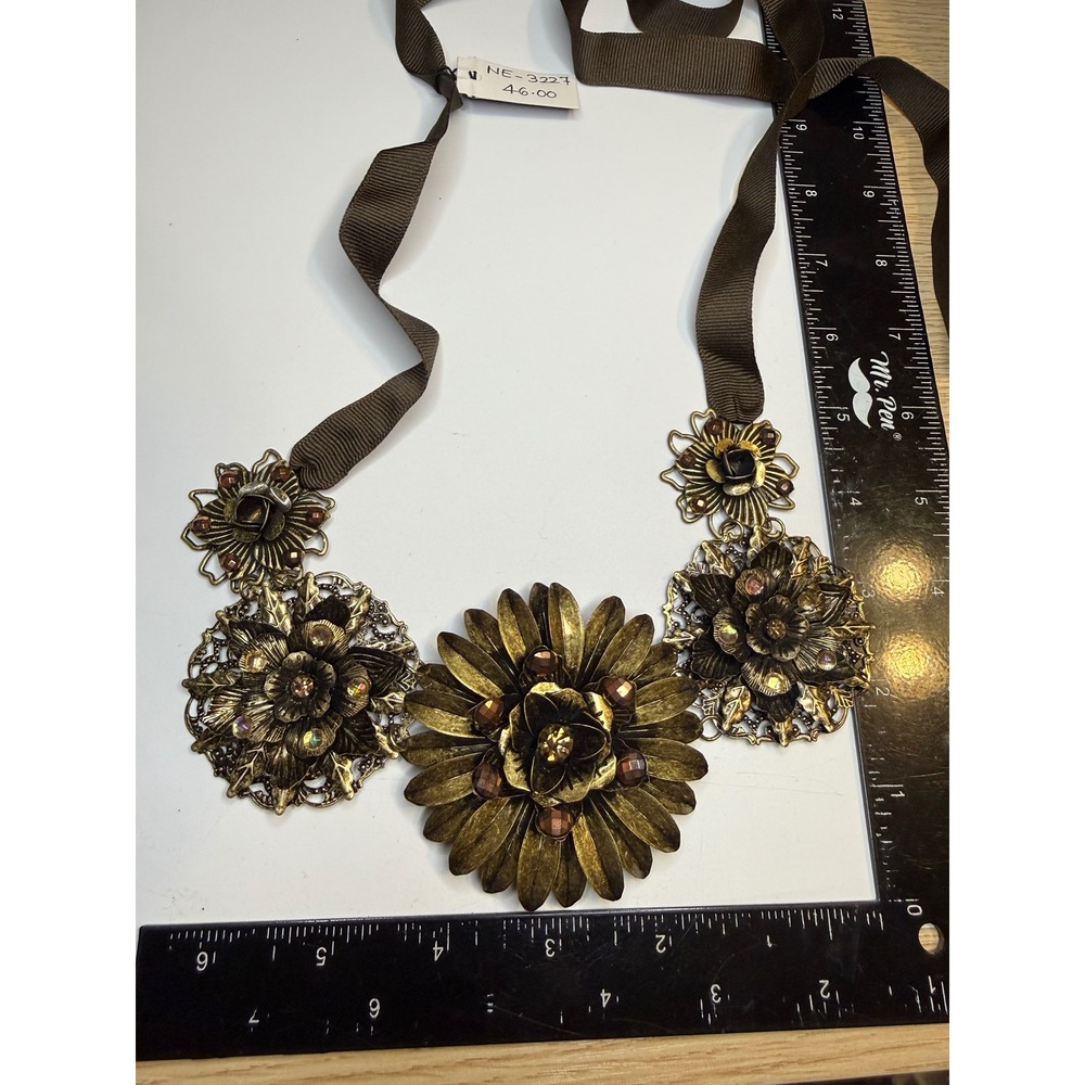 Cara New York Antique Brass Tone Floral Crystal Ribbon Tie Statement Necklace
